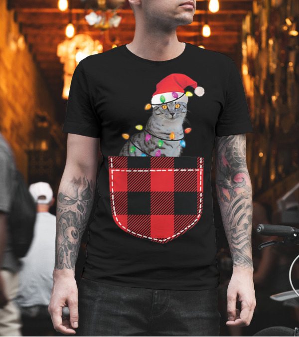 Funny Cat In Plaid Pocket with Christmas Lights and Santa Hat T-Shirt Funny Cat In Plaid Pocket with Christmas Lights and Santa Hat T-Shirt