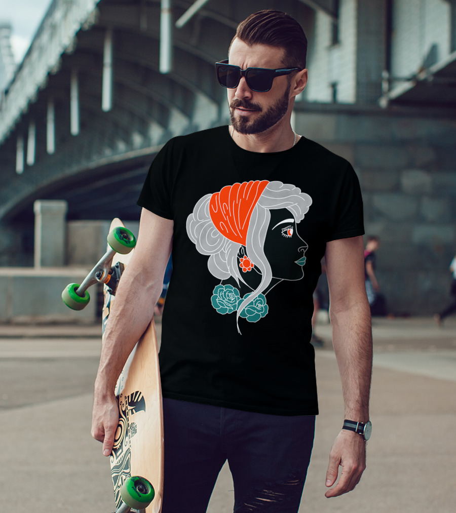 American Traditional Tattoo Gypsy Woman With Orange Headscarf And Roses T-Shirt