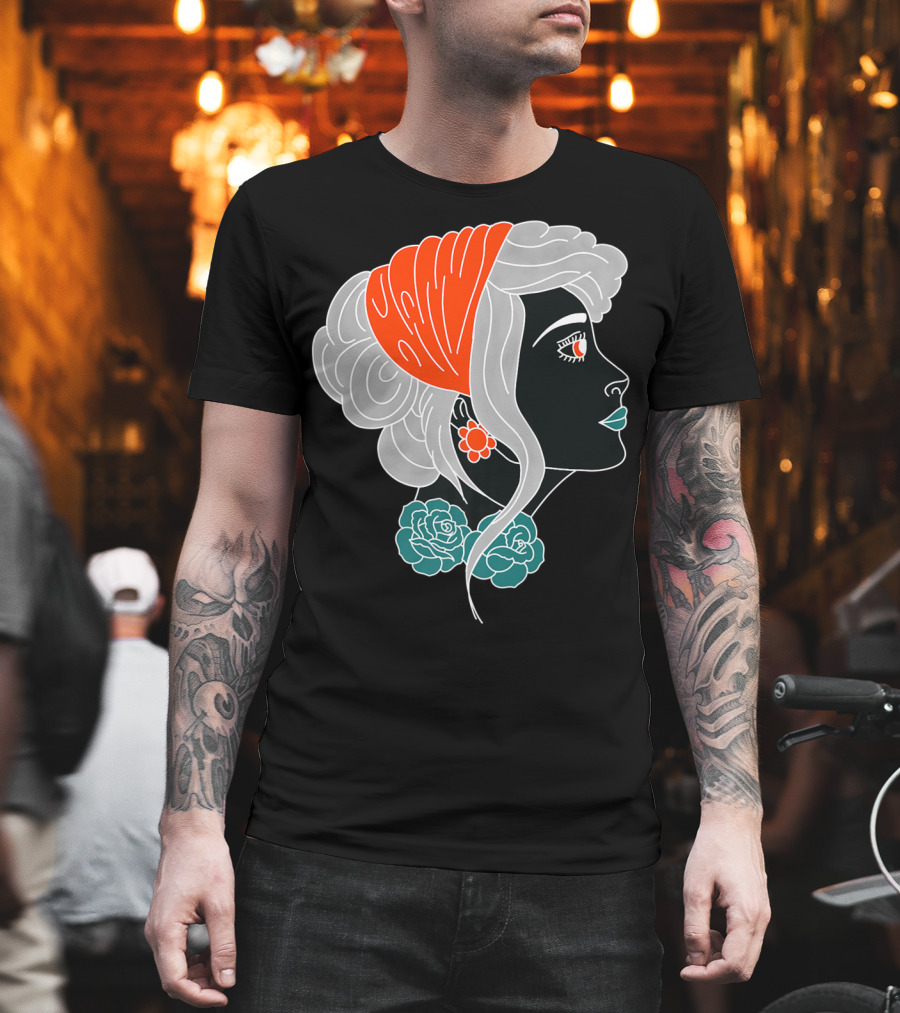 American Traditional Tattoo Gypsy Woman with Orange Headscarf and Roses T-Shirt