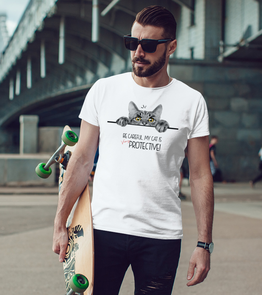 Be Careful My Cat Is Very Protective With Cute Cat Image T-Shirt