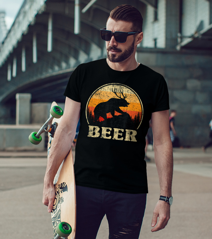Bear Deer Beer Retro Vintage Silhouette Forest Sunset T-Shirt