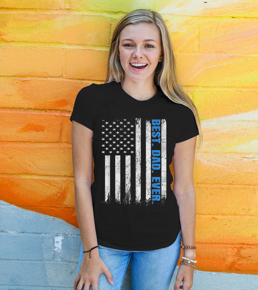 Best Dad Ever USA Flag Fathers Day Police Thin Blue Line T-Shirt