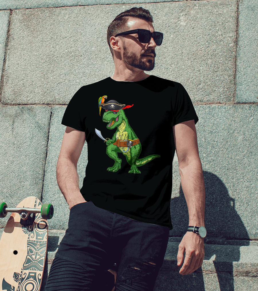 Boys Kids Dinosaur T-Rex Pirate With Parrot And Sword T-Shirt