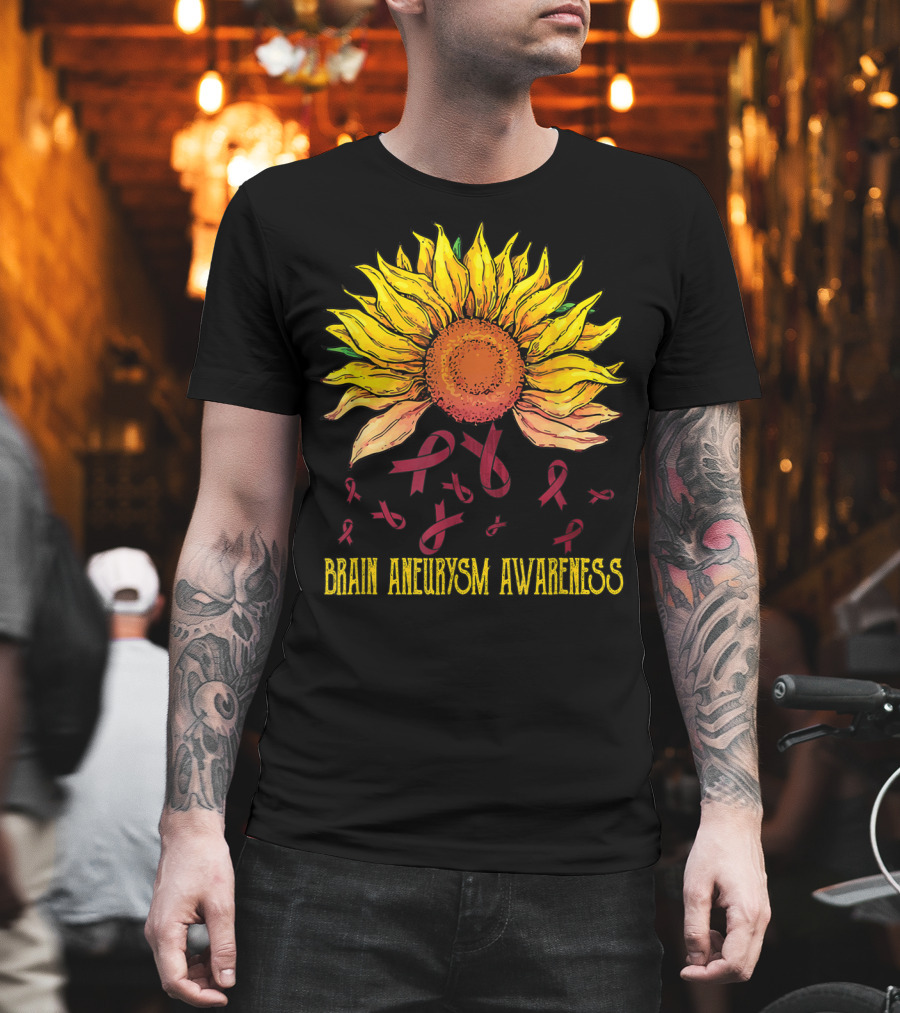 Brain Aneurysm Awareness Sunflower With Yellow Sunflower And Red Ribbons T-Shirt