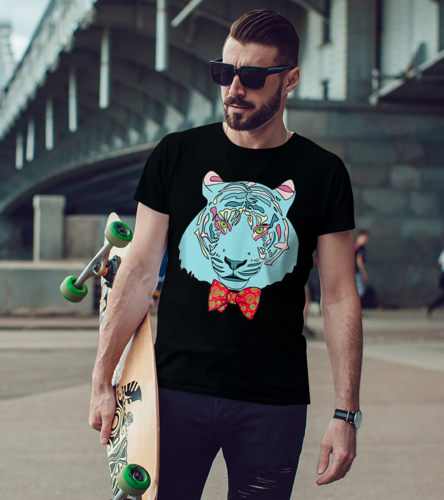 Colorful Tiger Head With Spiraled Bow Tie T-Shirt