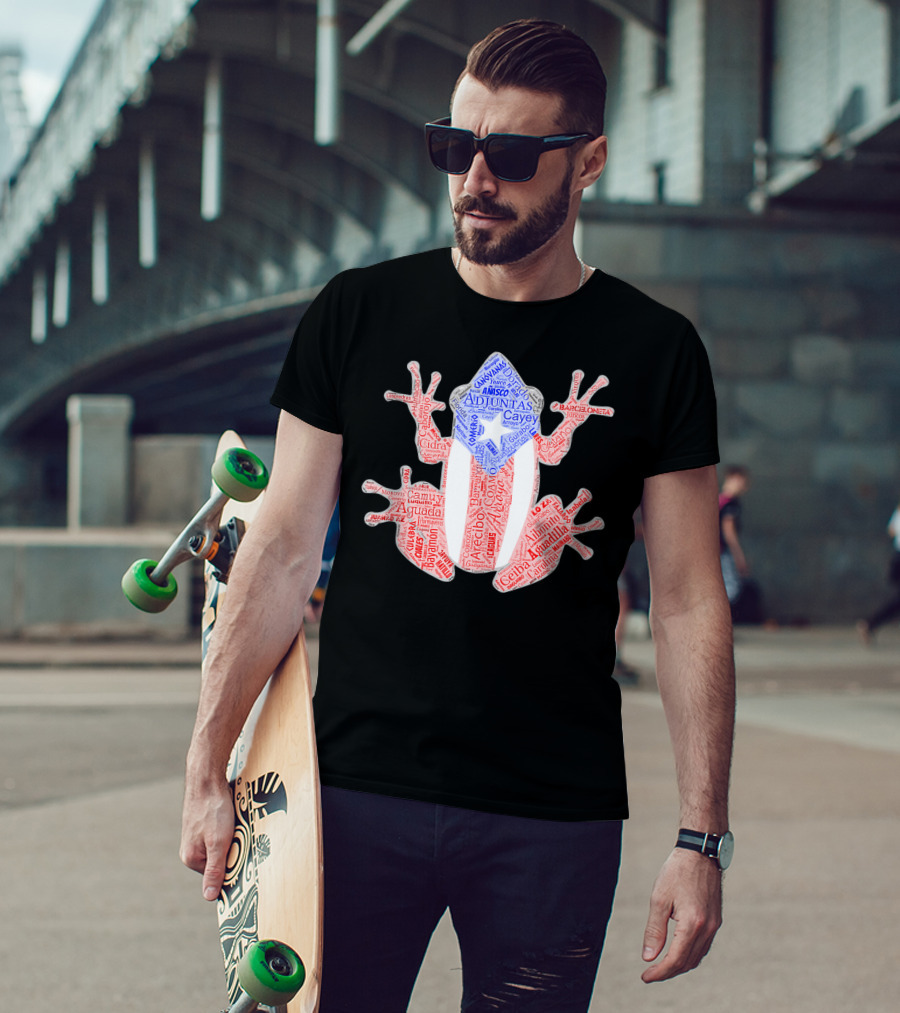 Coqui Taino Puerto Rico Cities Boricua Flag Adjuntas Aguadilla Arecibo Barceloneta Caguas Cayey Ceiba Cidra Coamo Guayama Manati Morovis Yauco T-Shirt