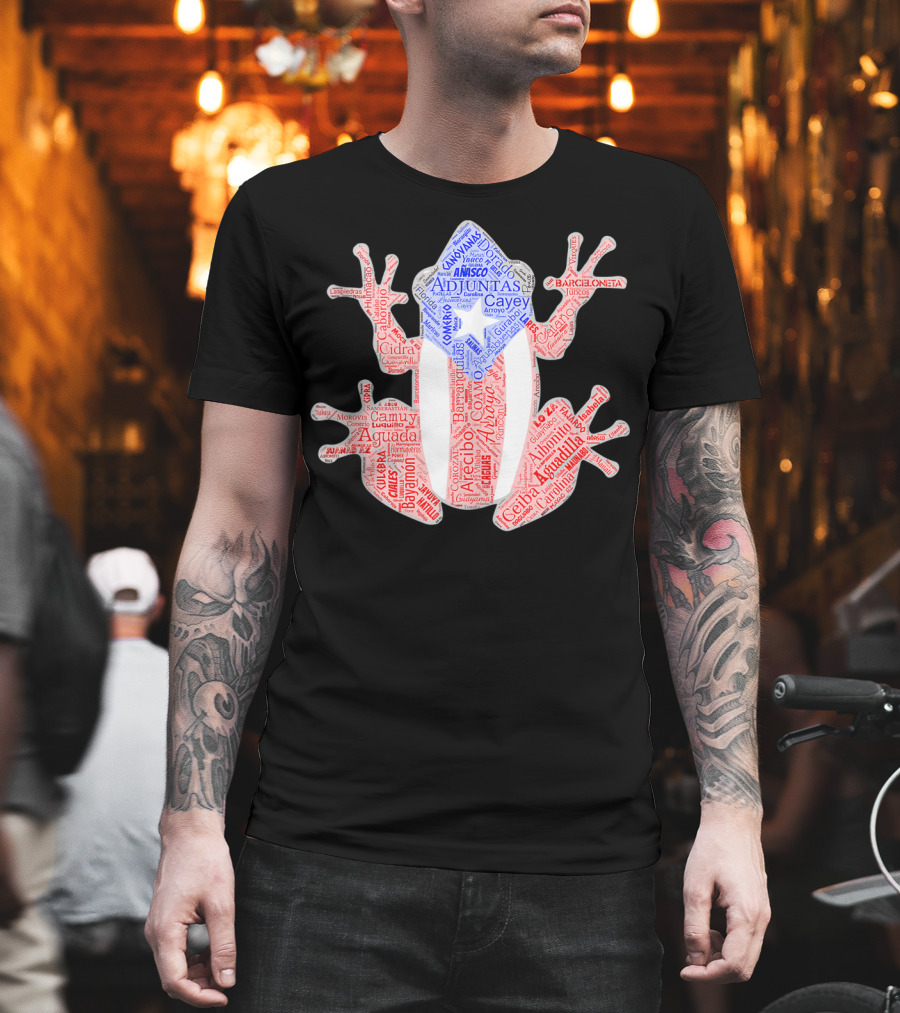 Coqui Taino Puerto Rico Cities Boricua Flag Adjuntas Aguadilla Arecibo Barceloneta Caguas Cayey Ceiba Cidra Coamo Guayama Manati Morovis Yauco T-Shirt