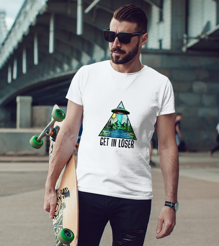 Get In Loser UFO Abduction Triangle With Forest And Lake Scene T-Shirt