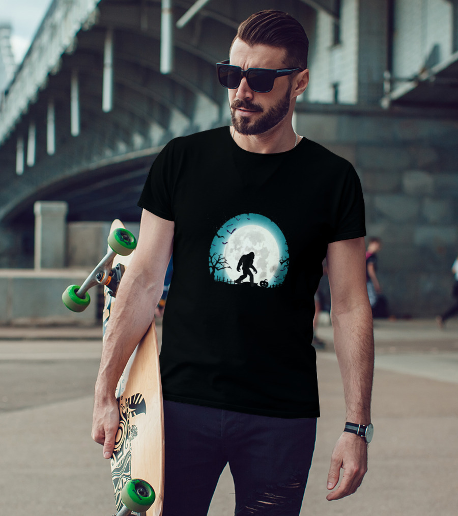 Halloween Bigfoot Silhouette With Full Moon And Bats Scene T-Shirt