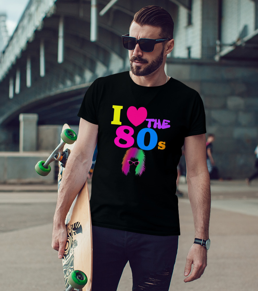I Love The 80s Neon Heart With Punk Rocker Hair And Sunglasses T-Shirt