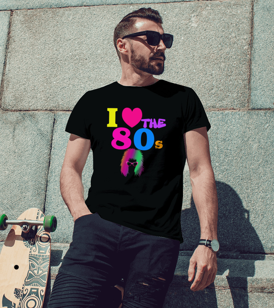 I Love The 80s Neon Heart With Punk Rocker Hair And Sunglasses T-Shirt