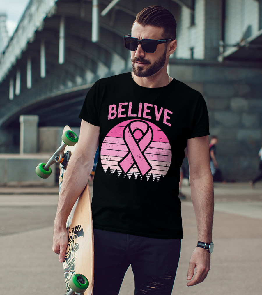 Believe Pink Ribbon Sunset Breast Cancer Awareness T-Shirt
