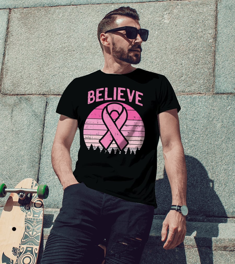 Believe Pink Ribbon Sunset Breast Cancer Awareness T-Shirt