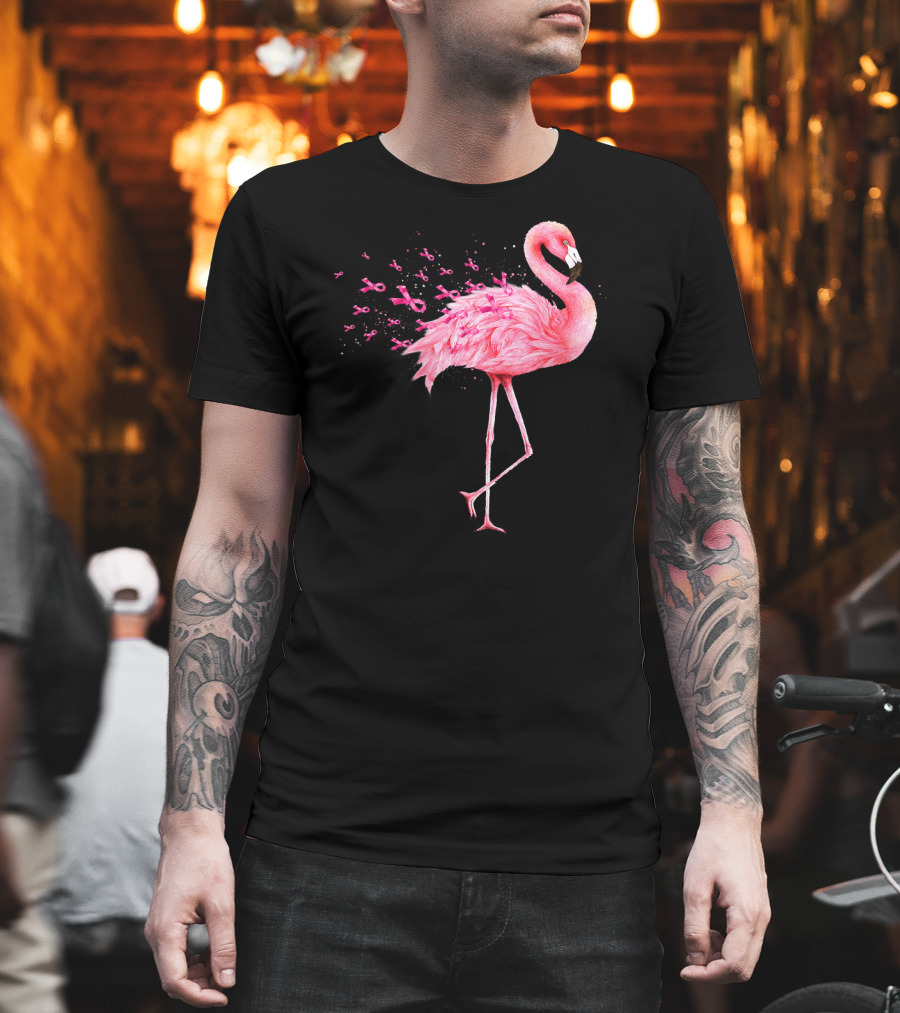 Cute Flamingo Breast Cancer Awareness Pink Ribbon T-Shirt