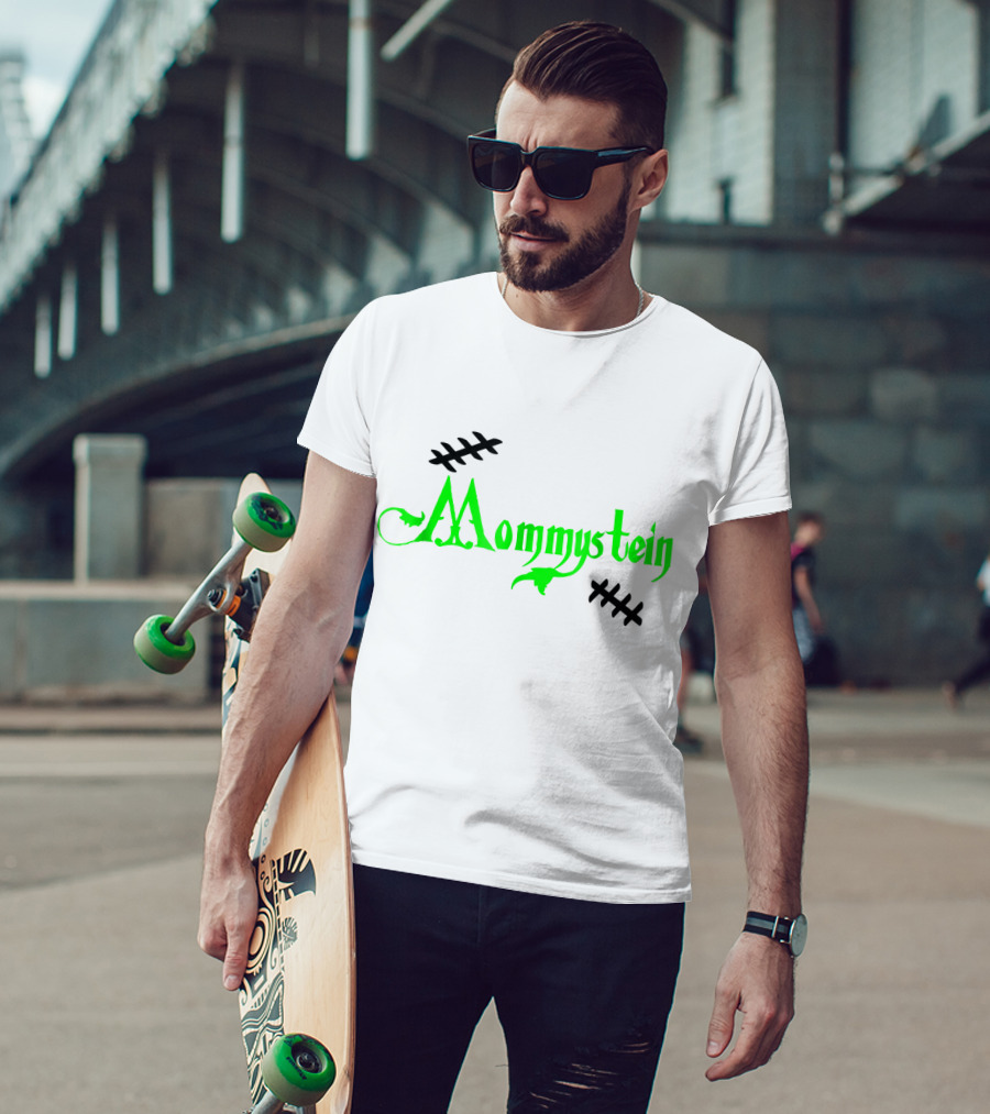 Mommystein Frankenstein Inspired Green And Black Stitched Text T-Shirt