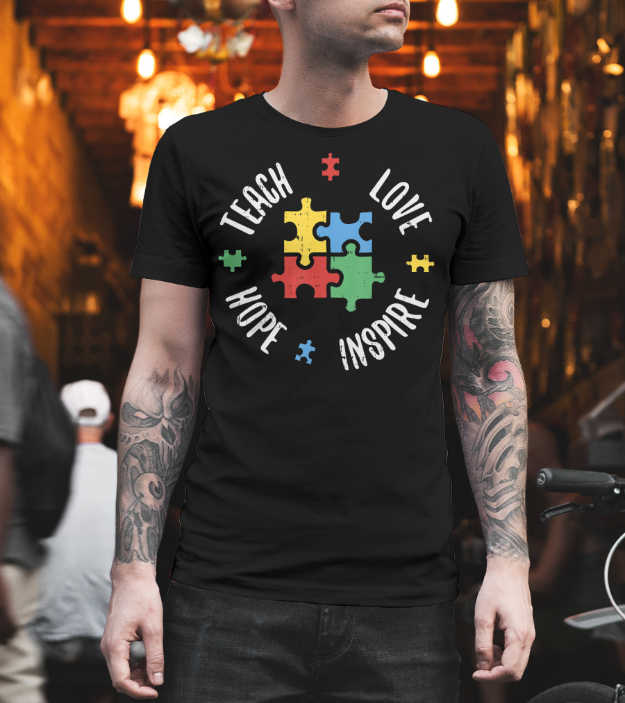 Teach Love Hope Inspire Autism Teacher Special Ed Puzzle Pieces T-Shirt