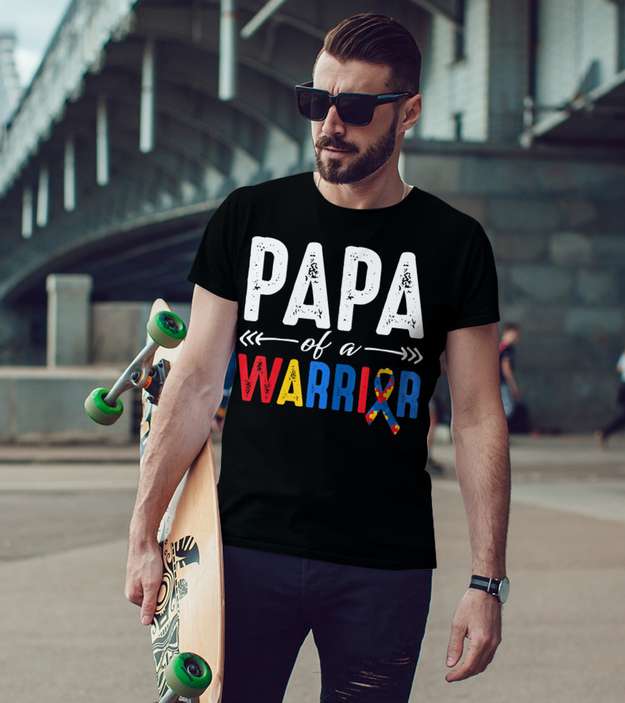 Papa Of A Warrior Autism Awareness Grandpa Colorful Puzzle T-Shirt