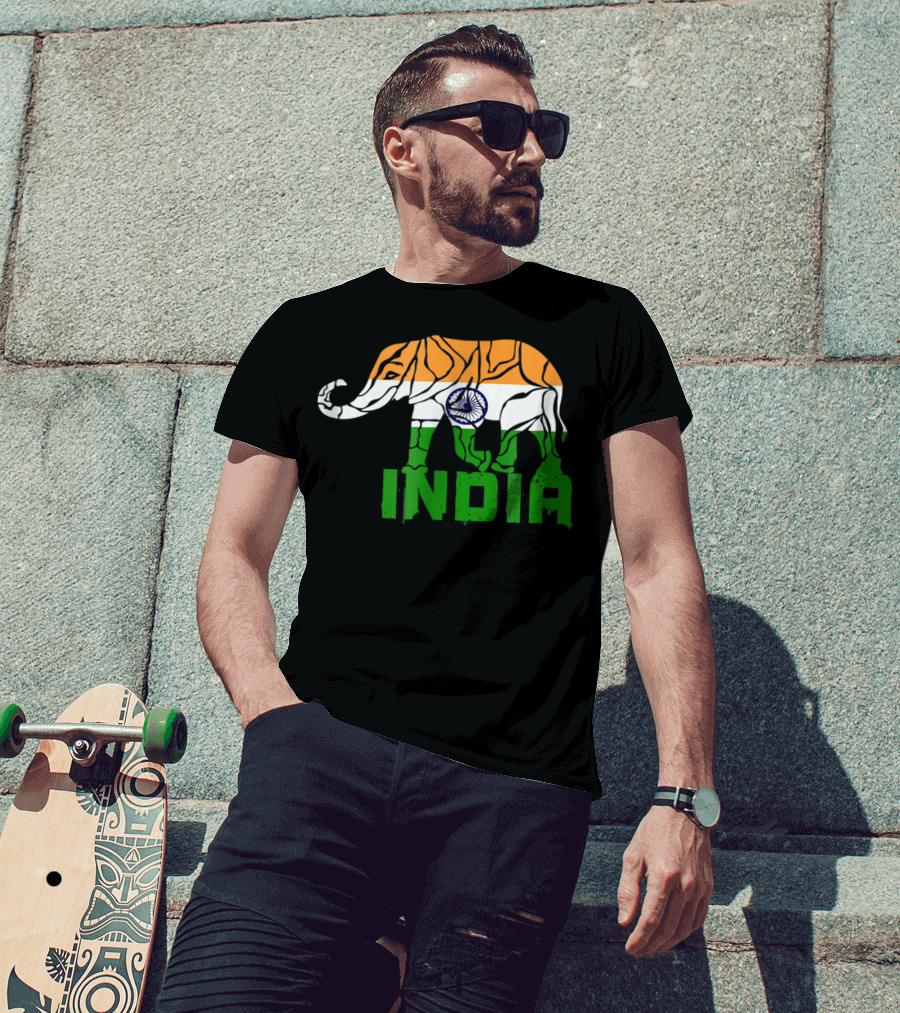 India Elephant With National Flag Colors And India Text T-Shirt