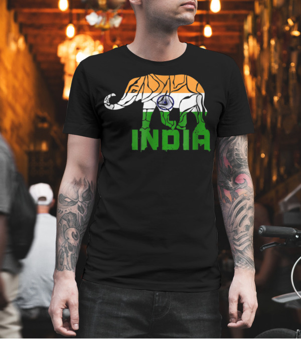 India Elephant with National Flag Colors and India Text T-Shirt India Elephant with National Flag Colors and India Text T-Shirt