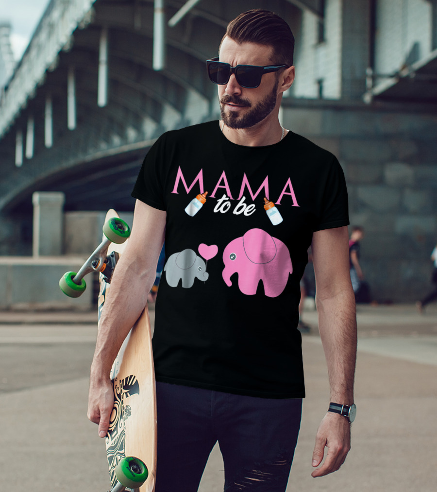 Mama To Be Pink Elephant Baby Shower With Milk Bottles And Heart Balloon T-Shirt