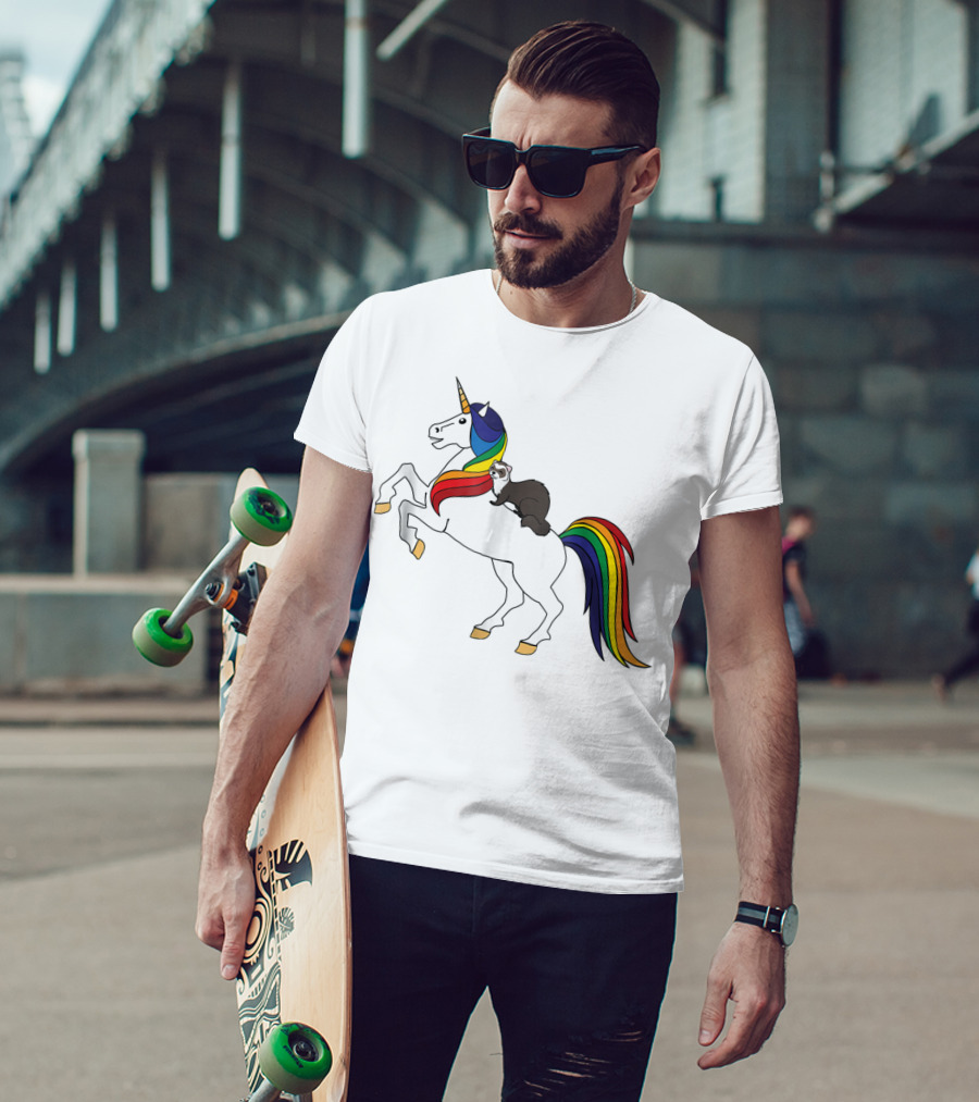 Ferret Riding Rainbow Unicorn T-Shirt