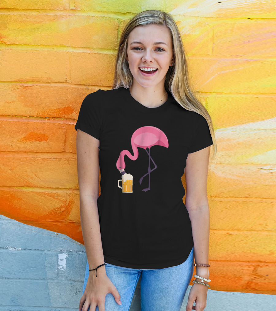 Flamingo Drinking Beer Concept With Pink Bird And Pint Glass T-Shirt