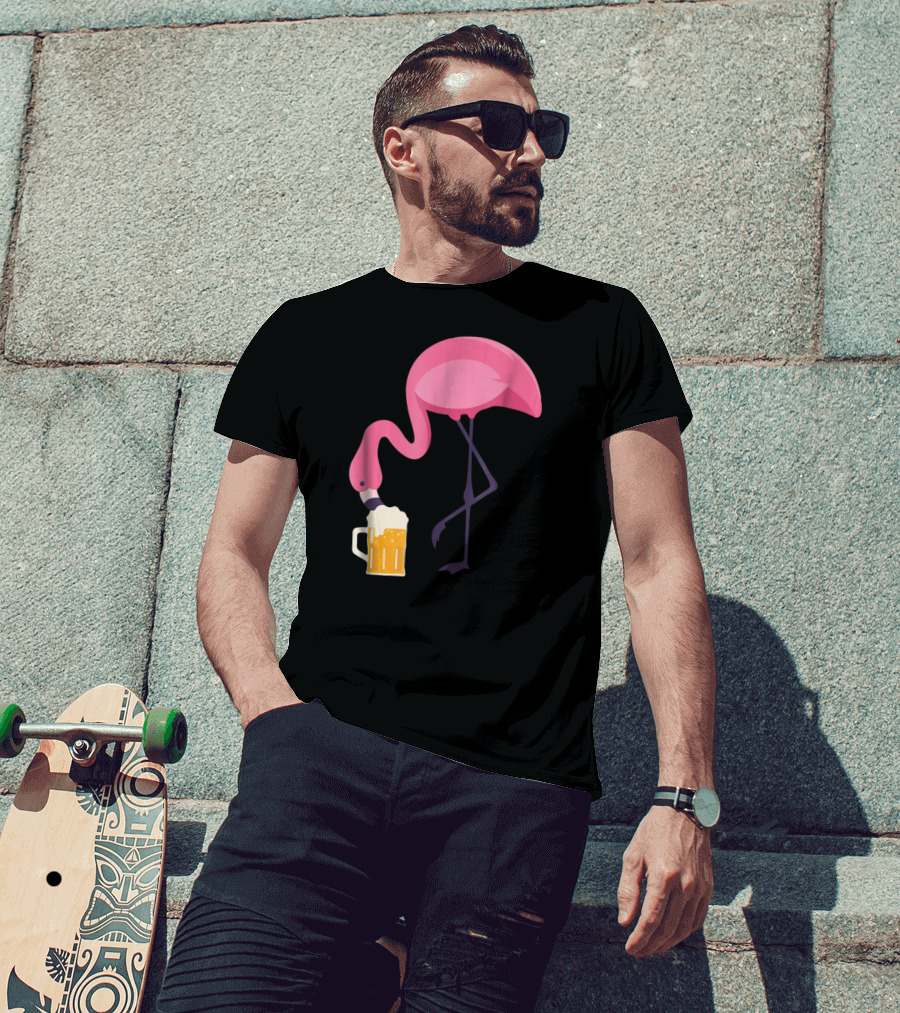 Flamingo Drinking Beer Concept With Pink Bird And Pint Glass T-Shirt