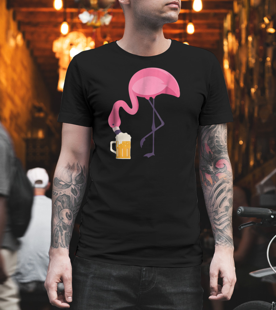 Flamingo Drinking Beer Concept With Pink Bird And Pint Glass T-Shirt