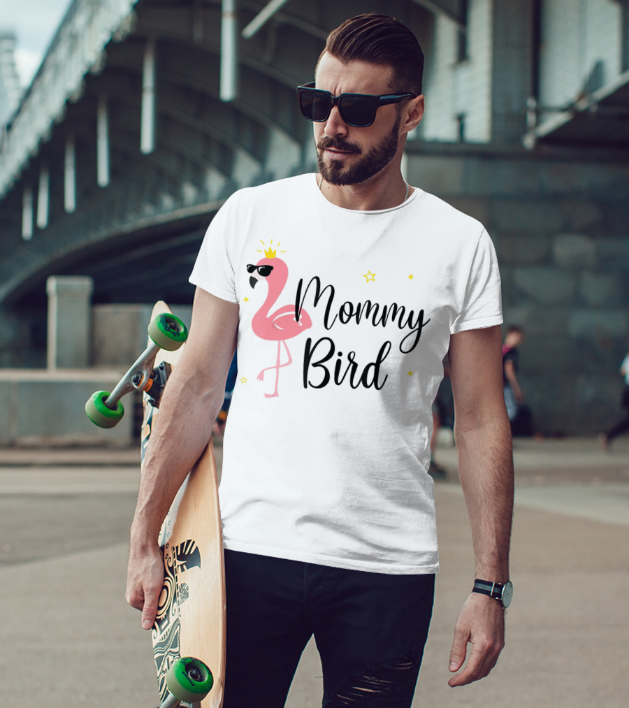 Mommy Bird Pink Flamingo With Crown And Sunglasses T-Shirt
