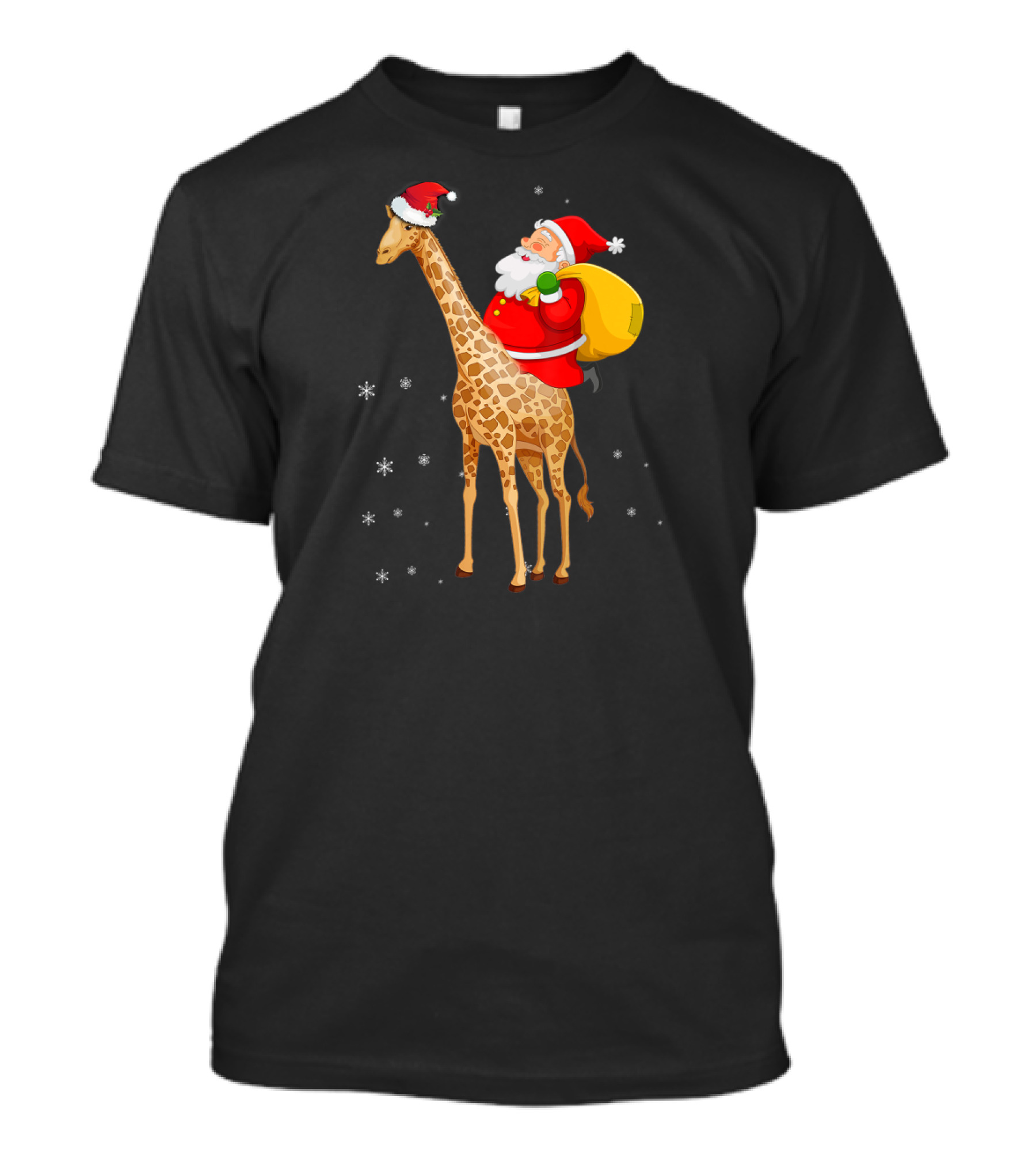 Santa Claus Riding A Giraffe With Snowflakes T-Shirt