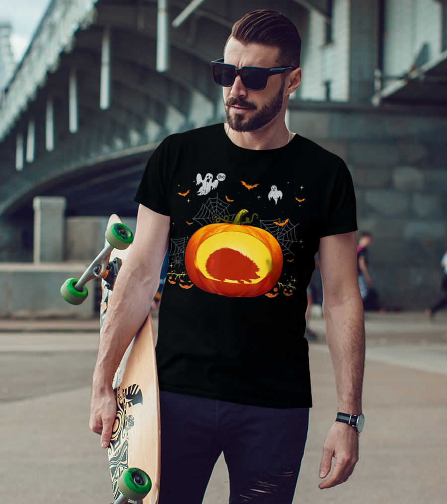 Hedgehog Silhouette In Halloween Pumpkin With Ghosts And Spiderwebs T-Shirt