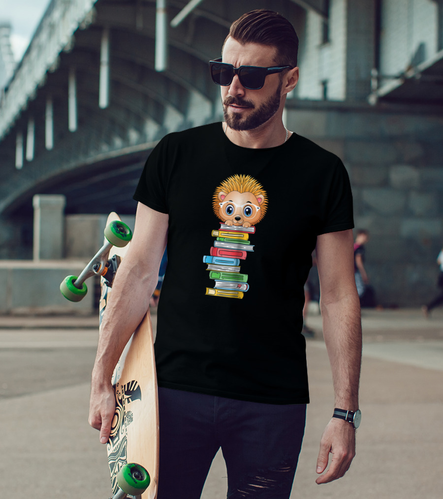 Hedgehog Book Lover With Glasses Hugging Colorful Book Stack T-Shirt