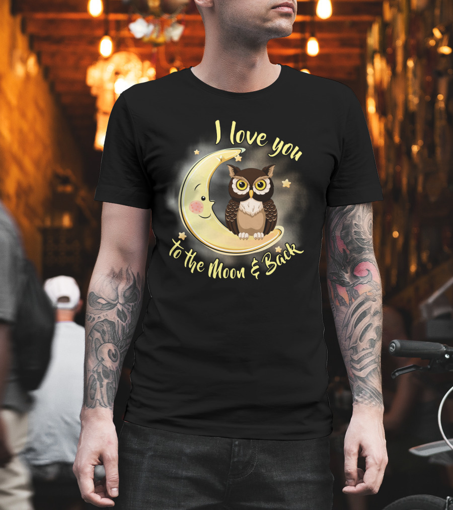 I Love You to the Moon and Back Owl on Smiling Clown Moon with Stars T-Shirt
