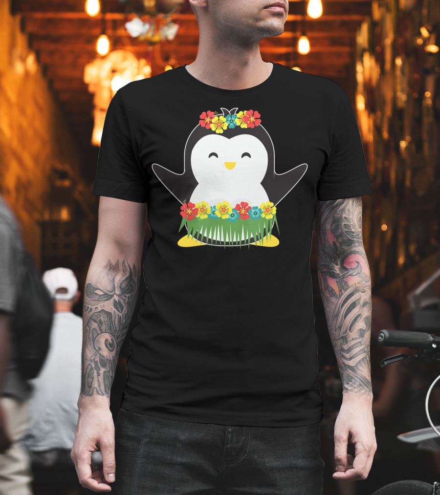 Penguin with Hula Skirt and Hawaiian Flowers Luau Party T-Shirt
