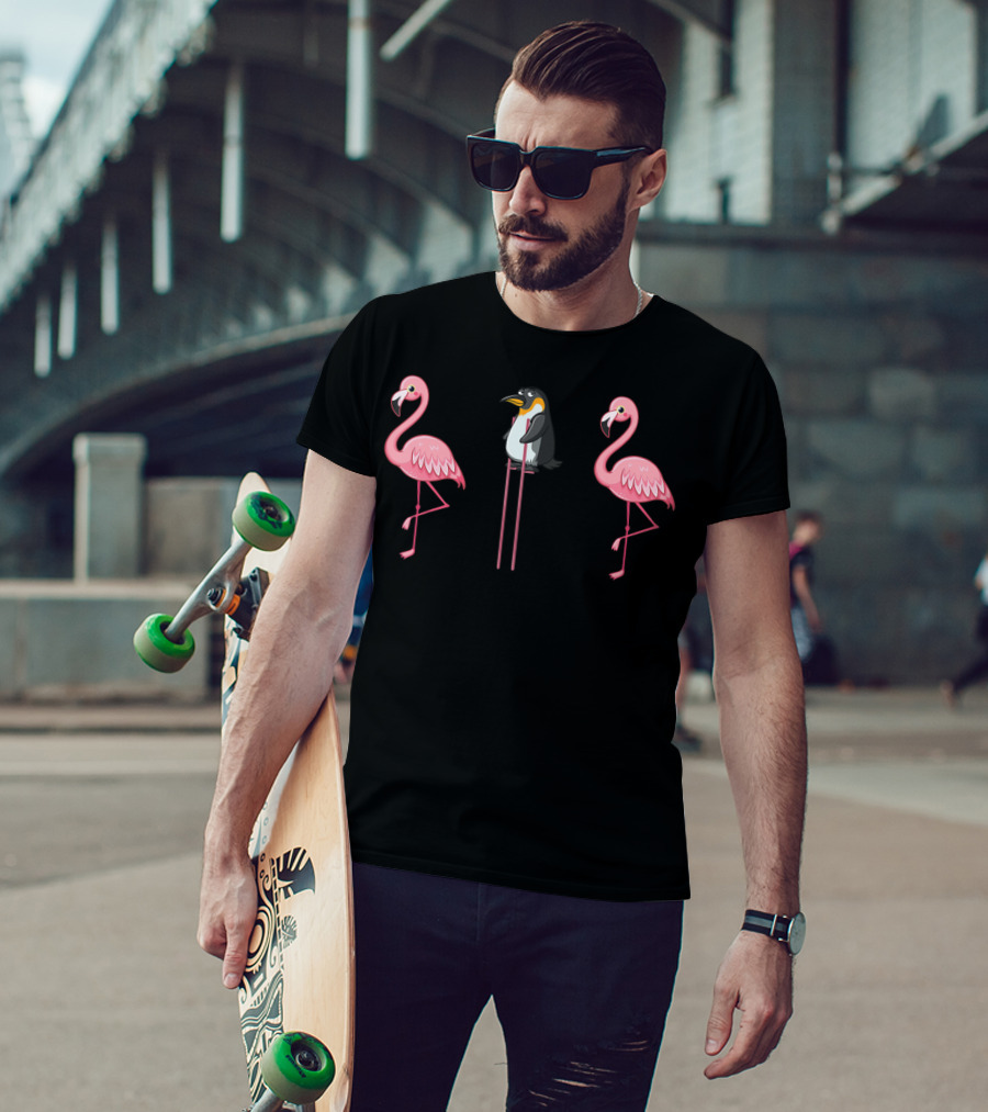 Flamingo Penguin On Stilts Flamingo Lover Scene With Two Pink Flamingos T-Shirt