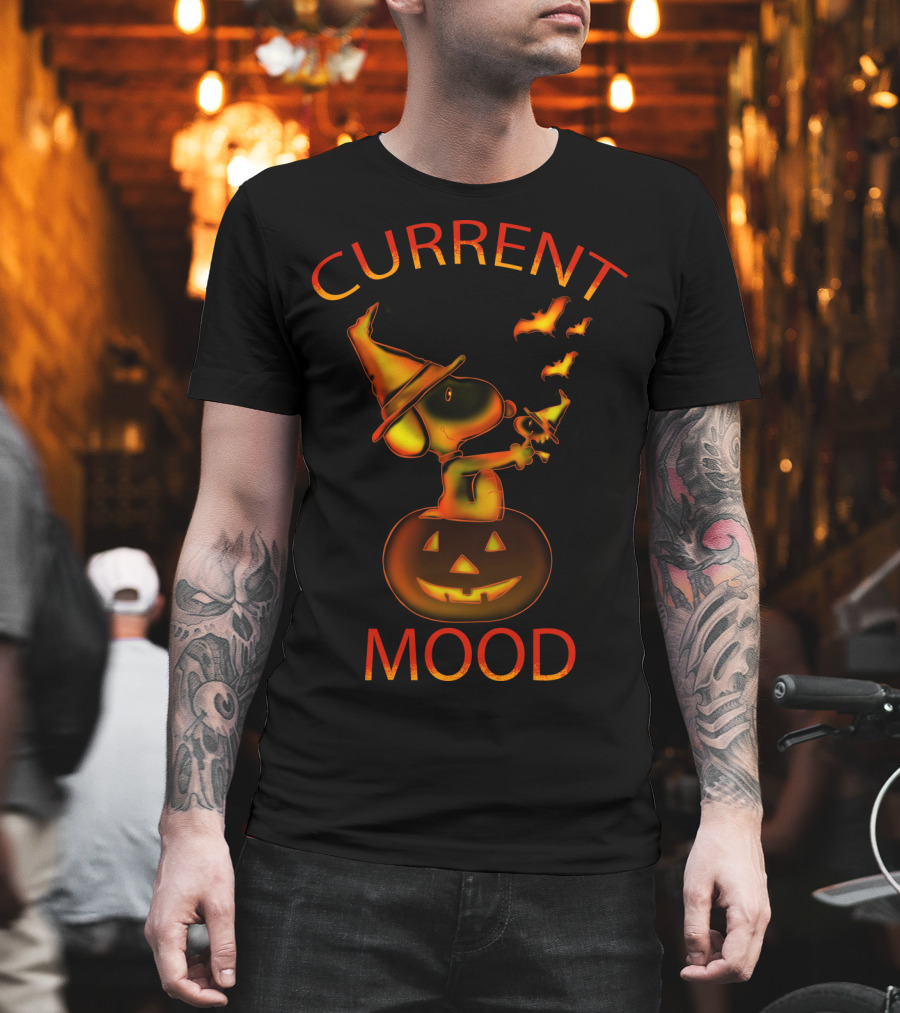 Current Mood Halloween Snoopy Wizard On Pumpkin With Bats From The Peanuts Movie T-Shirt