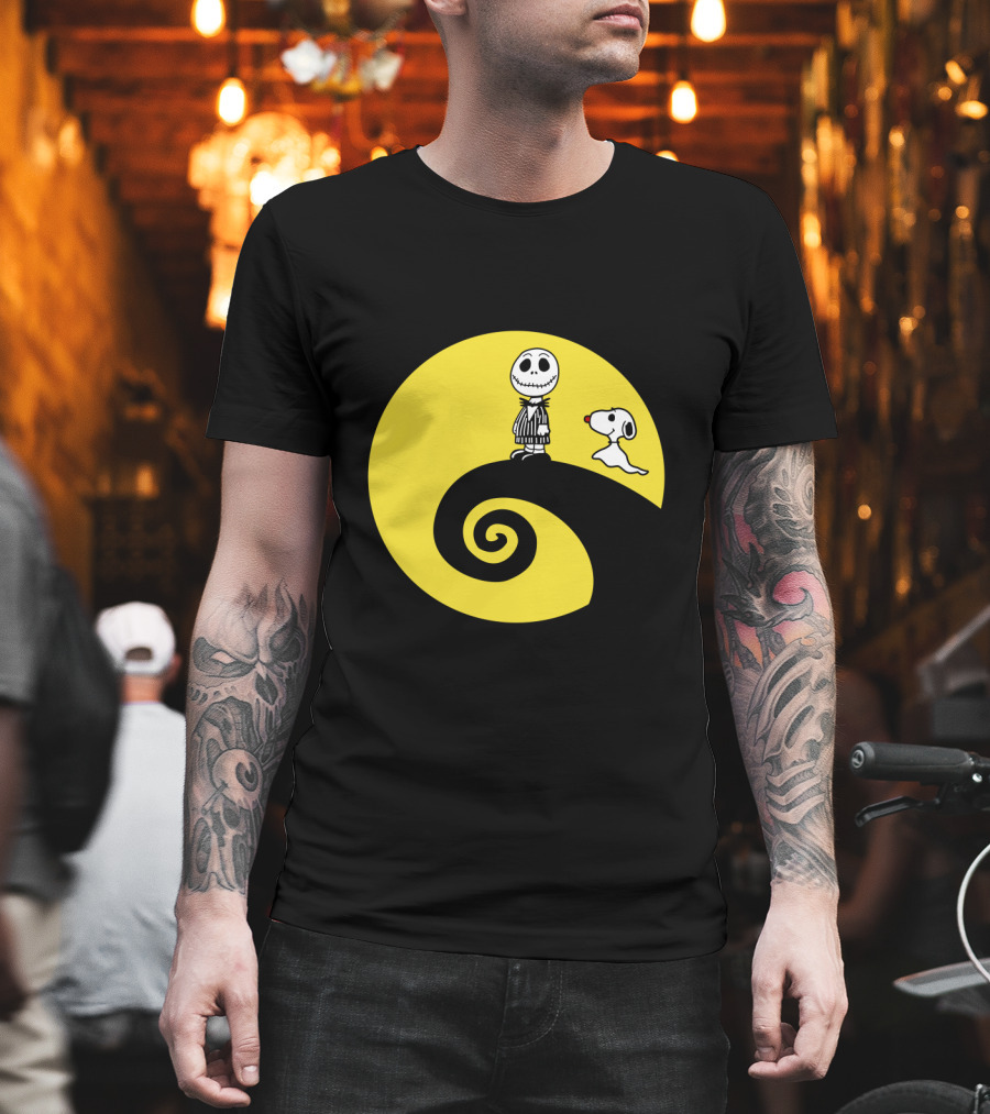 Jack Skellington And Snoopy Crossover In The Peanuts Movie Halloween Scene T-Shirt