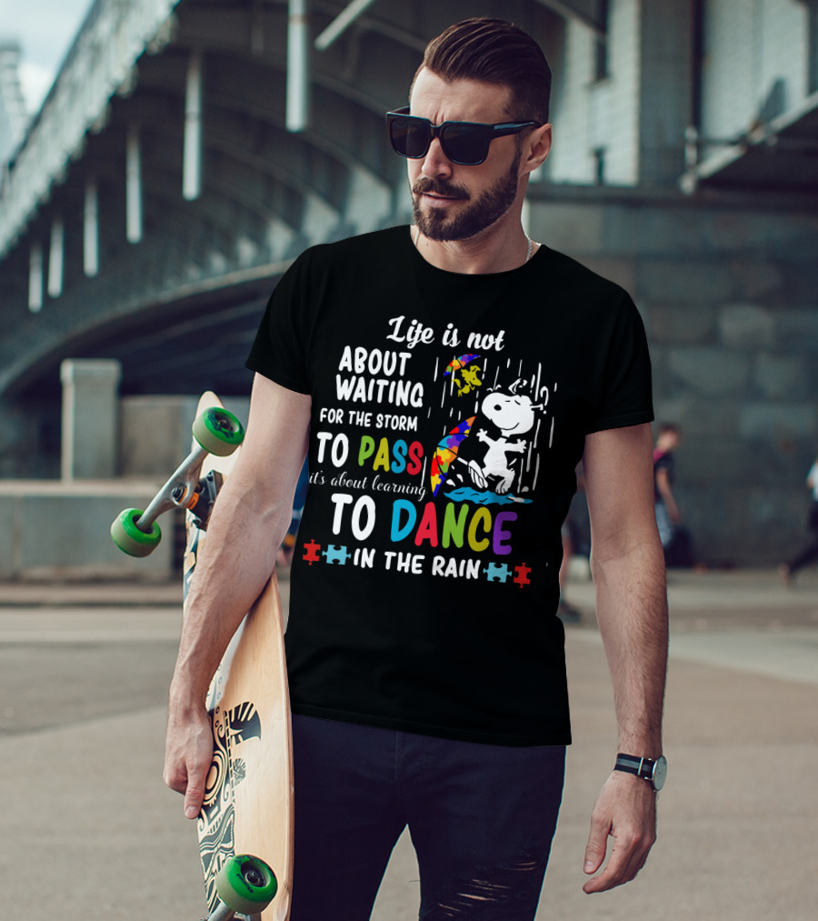 Life Is Not About Waiting For The Storm To Pass It's About Learning To Dance In The Rain Snoopy Peanuts Puzzle Pieces T-Shirt