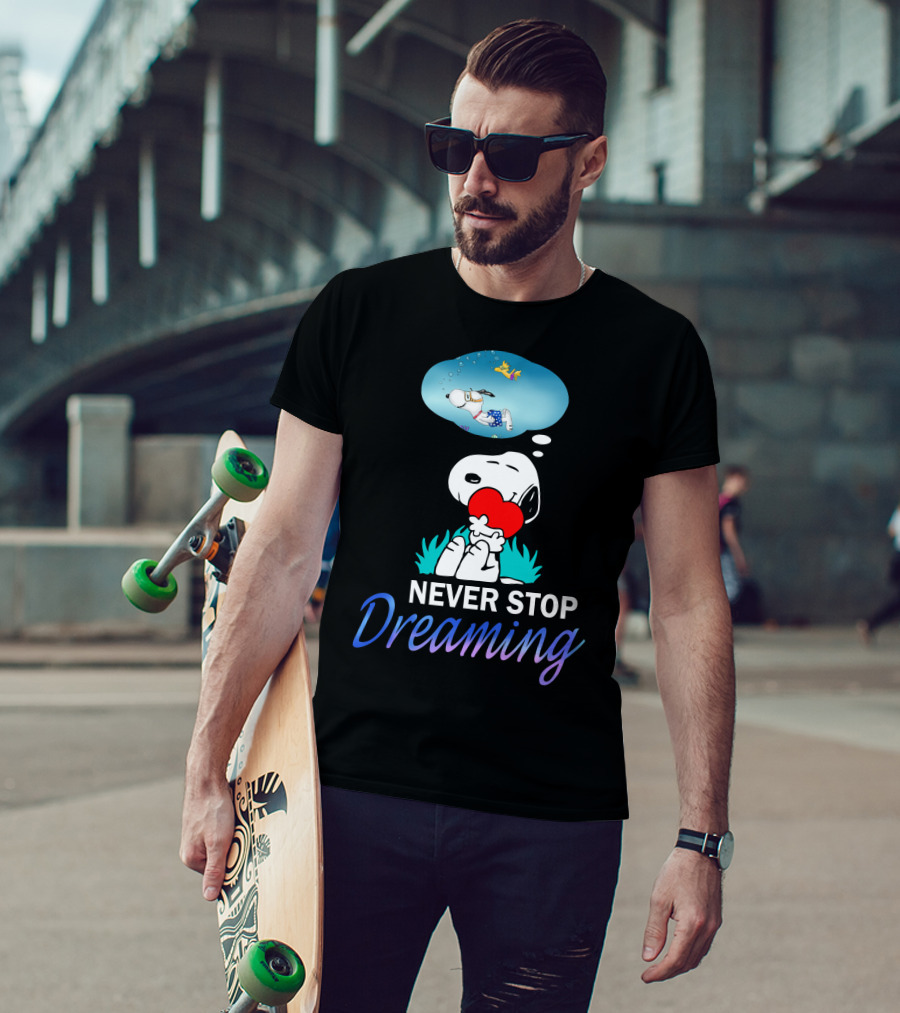 Never Stop Dreaming Snoopy Hugging Red Heart With Woodstock The Peanuts Movie T-Shirt