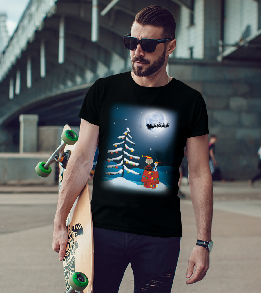 Noel Night Snoopy Peanuts Movie Christmas Scene Santa Sleigh Winter Tree With Lights T-Shirt
