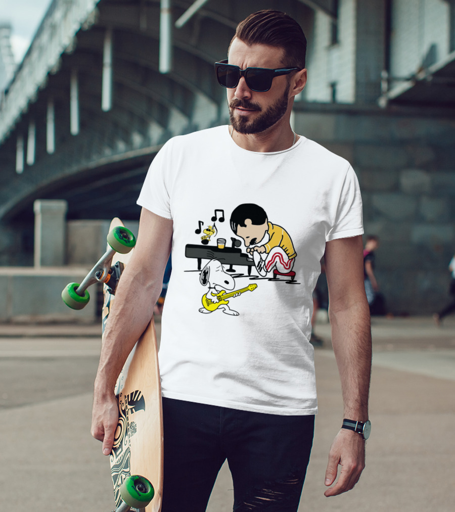 Freddie Mercury Playing Piano With Snoopy Guitar Peanuts Movie Scene T-Shirt