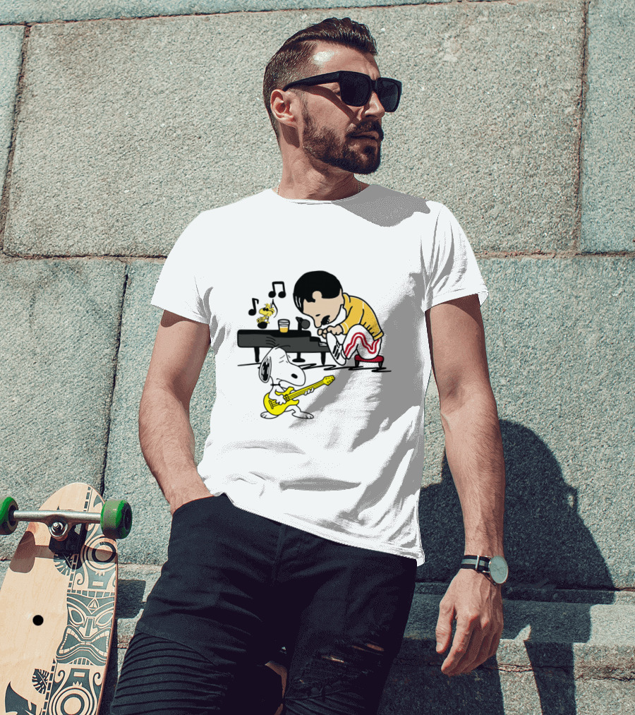 Freddie Mercury Playing Piano With Snoopy Guitar Peanuts Movie Scene T-Shirt