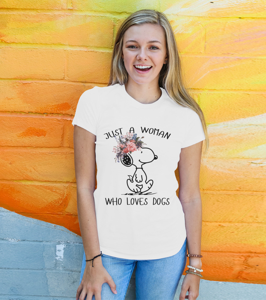 Just A Woman Who Loves Dogs Snoopy Floral Peanuts T-Shirt