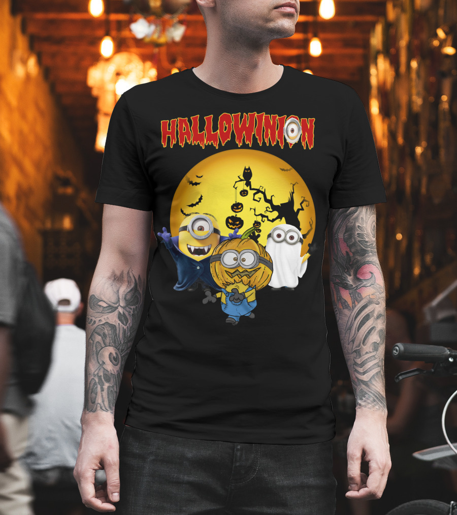 Hallowinion Halloween Minions Despicable Me Moon Bats Pumpkins Ghost Costume T-Shirt