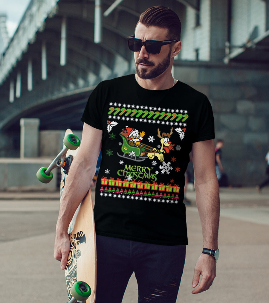 Merry Christmas Garfield Santa Sleigh With Reindeer Odie Snowflakes And Holly T-Shirt