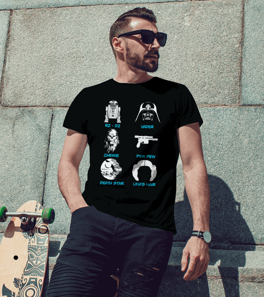R2-D2 Darth Vader Chewie Pew Pew Death Star Leia's Hair T-Shirt