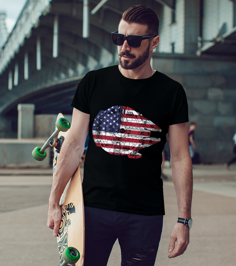 USA Flag Millennium Falcon Iconic Spaceship T-Shirt