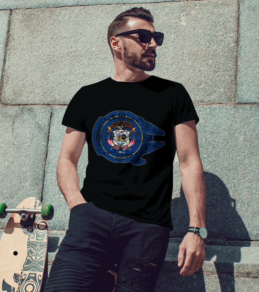 Utah State Flag And Millennium Falcon Blueprint Fusion T-Shirt