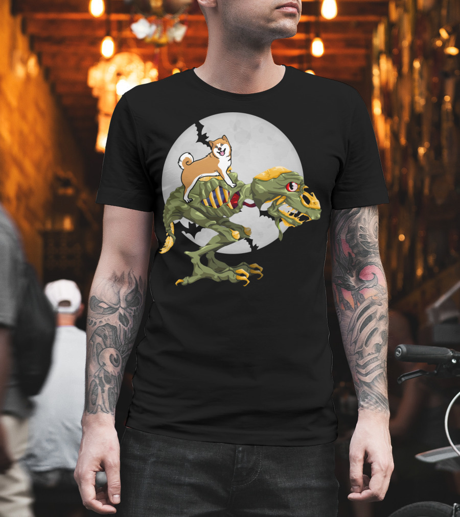 Akita Riding Dinosaur Skeleton Under Full Moon with Bats T-Shirt