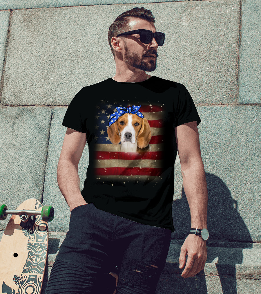 Beagle With Blue Polka Dot Bow On American Flag Background T-Shirt